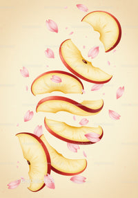 Fresh apple slices scattered with pink petals
