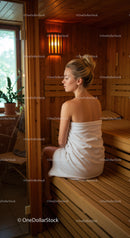 Young Woman Relaxing in Wooden Sauna Spa Room With Towel