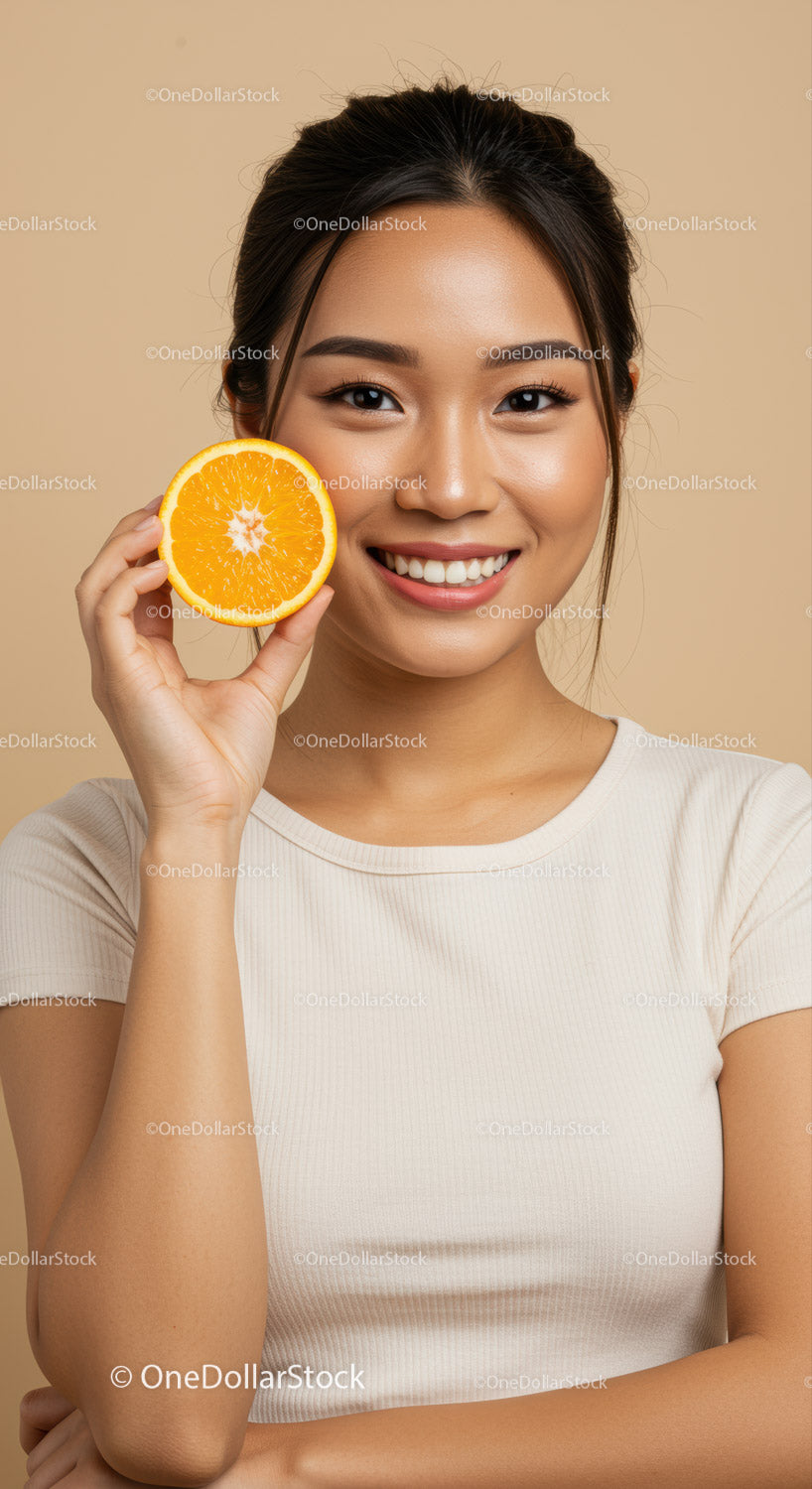 Young Woman Smiling While Holding Fresh Orange Half in Bright Indoor Setting