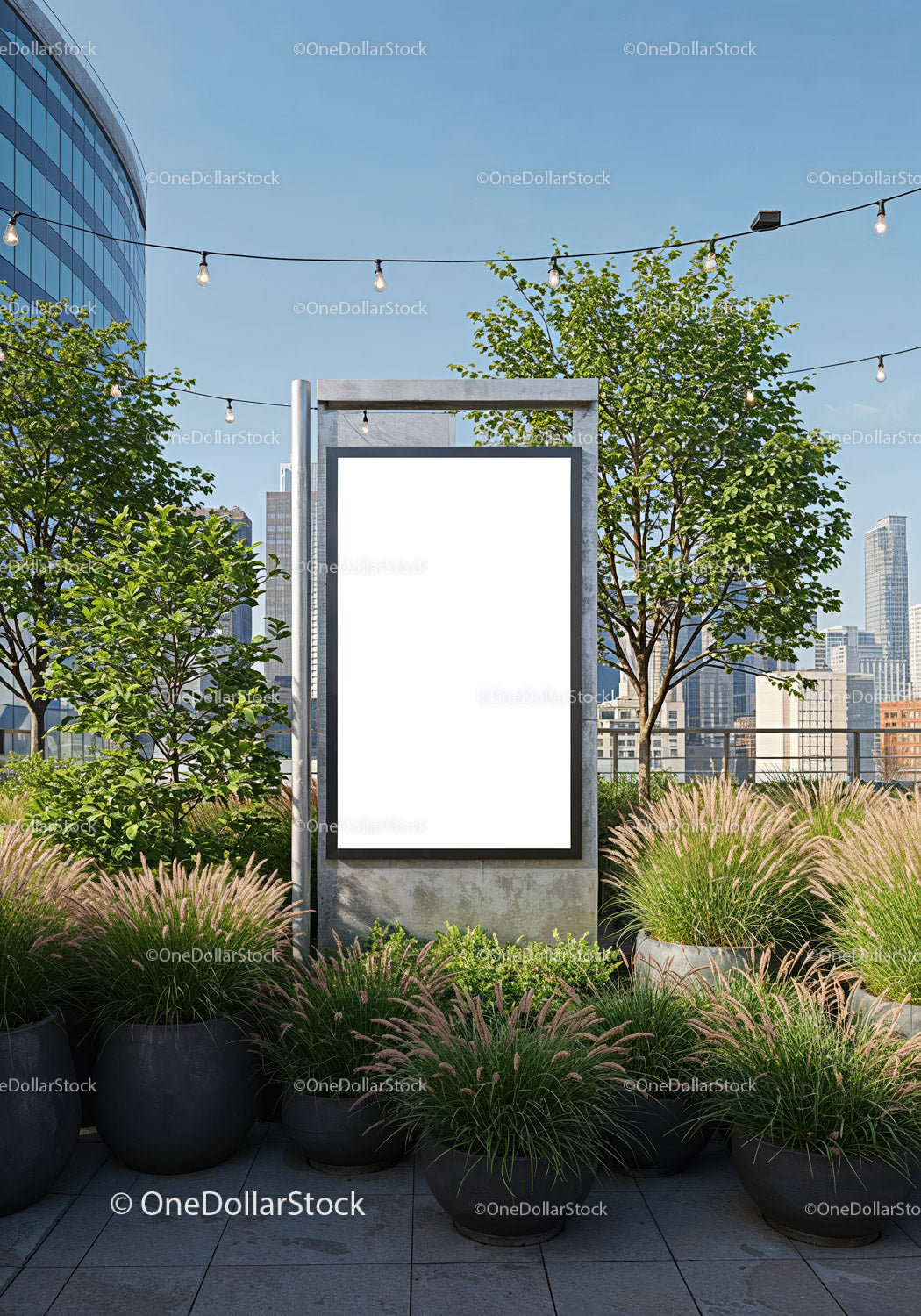 Urban rooftop garden with blank advertising board