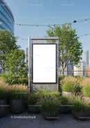 Urban rooftop garden with blank advertising board