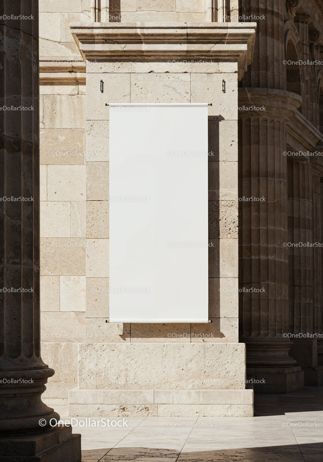 Blank white banner on historic stone building facade