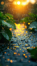 Sunset Rain Shower on Green Leaves with Water Droplets and Bokeh