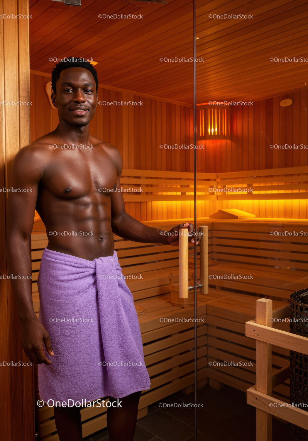 African American Man Relaxing in Wooden Sauna Spa Environment