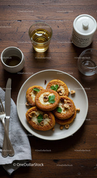Golden millet pancakes garnished with nuts and herbs