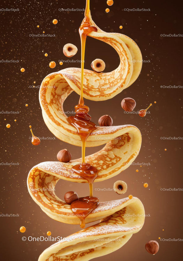Spiral Pancakes Drizzled with Caramel and Hazelnuts