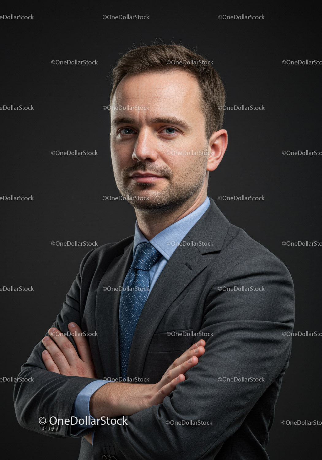 Confident businessman with crossed arms on dark background