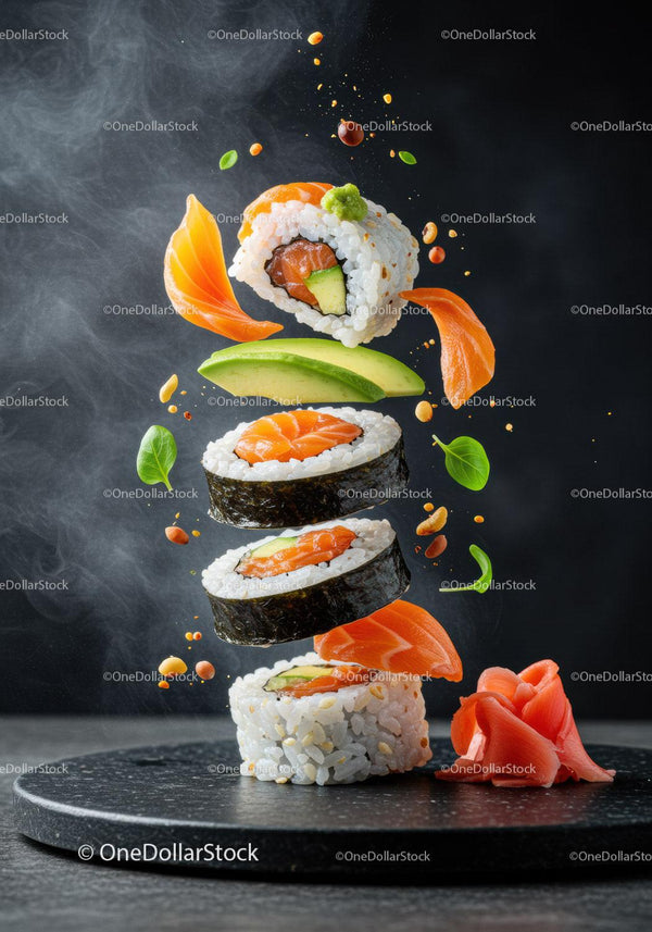 Floating salmon sushi rolls with avocado and fresh leaves
