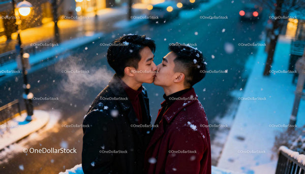 Young Gay Couple Sharing a Winter Kiss Outdoors