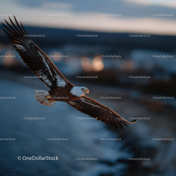 Majestic Bald Eagle Flying Over Ocean During Sunset