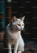 White cat with amber eyes gazing intently indoors