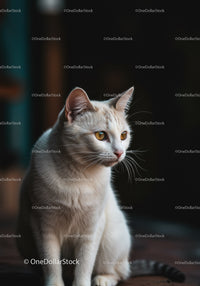 White cat with amber eyes gazing intently indoors