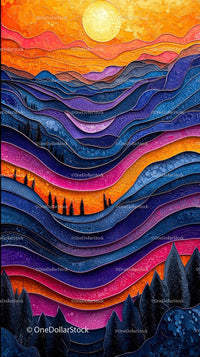 Colorful Mountain Landscape with Sunset and Silhouettes