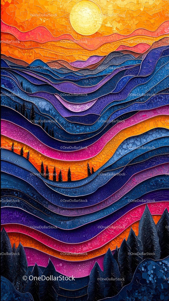 Colorful Mountain Landscape with Sunset and Silhouettes