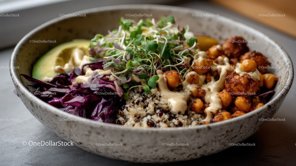 Healthy Vegetable Salad Bowl with Quinoa Chickpeas and Microgreens