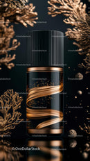 Elegant Black and Gold Luxury Perfume Bottle with Coral Decor