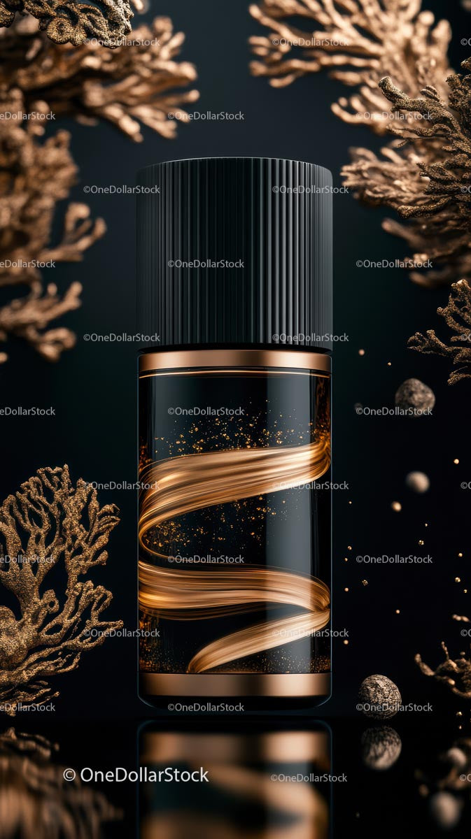Elegancki czarno-złoty luksusowy flakon perfum z koralowym dekorem