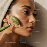 Woman Using Jade Roller for Facial Massage with Clear Skin