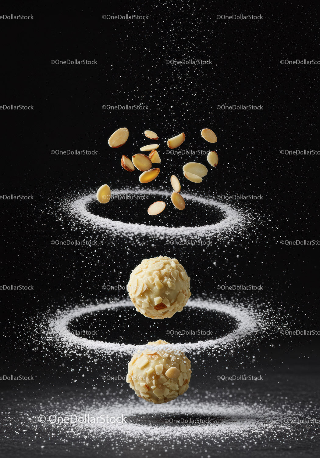 Almond coated truffles with powdered sugar rings on black