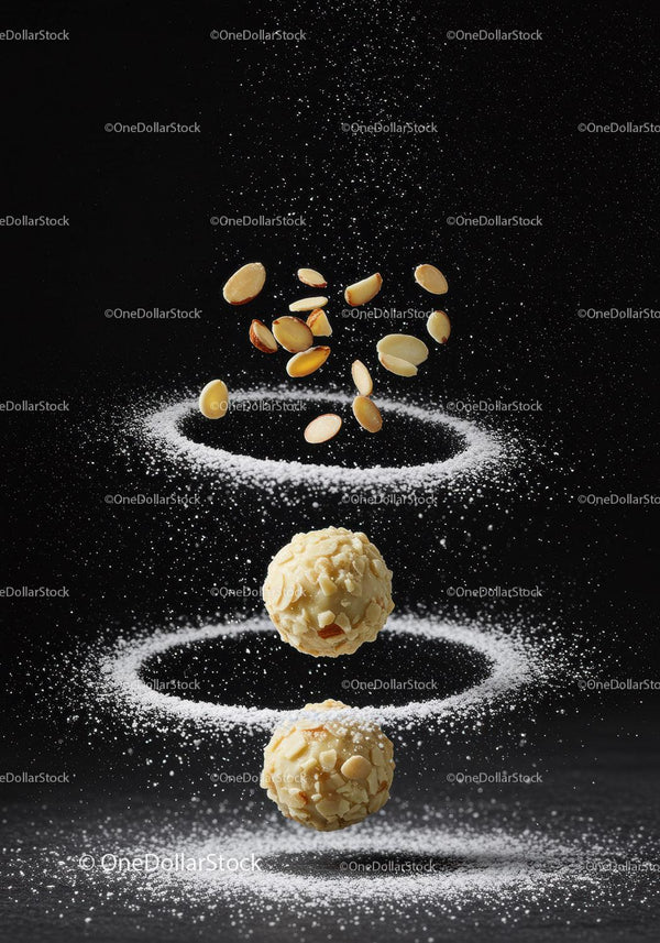 Almond coated truffles with powdered sugar rings on black