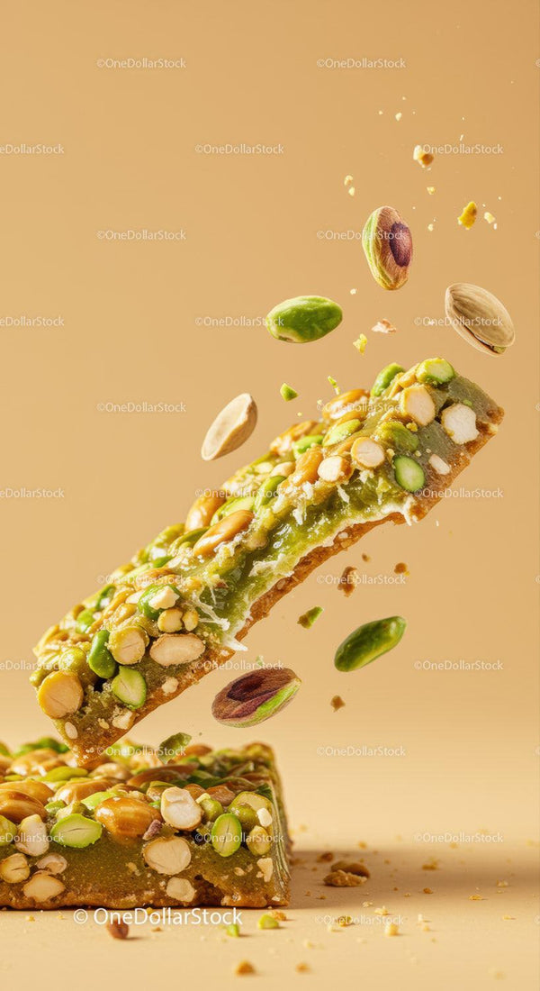 Closeup of pistachio nut brittle sweets in mid air