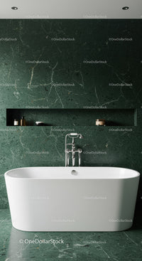 Elegant Modern Bathroom with Green Marble Wall and Freestanding Bathtub