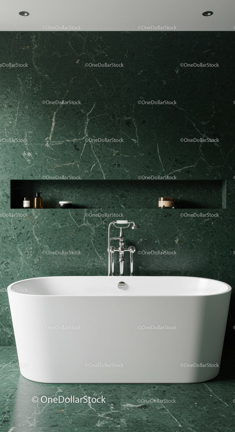 Elegant Modern Bathroom with Green Marble Wall and Freestanding Bathtub