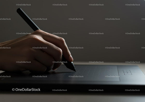 Hand Holding Stylus on Digital Drawing Tablet for Creative Art