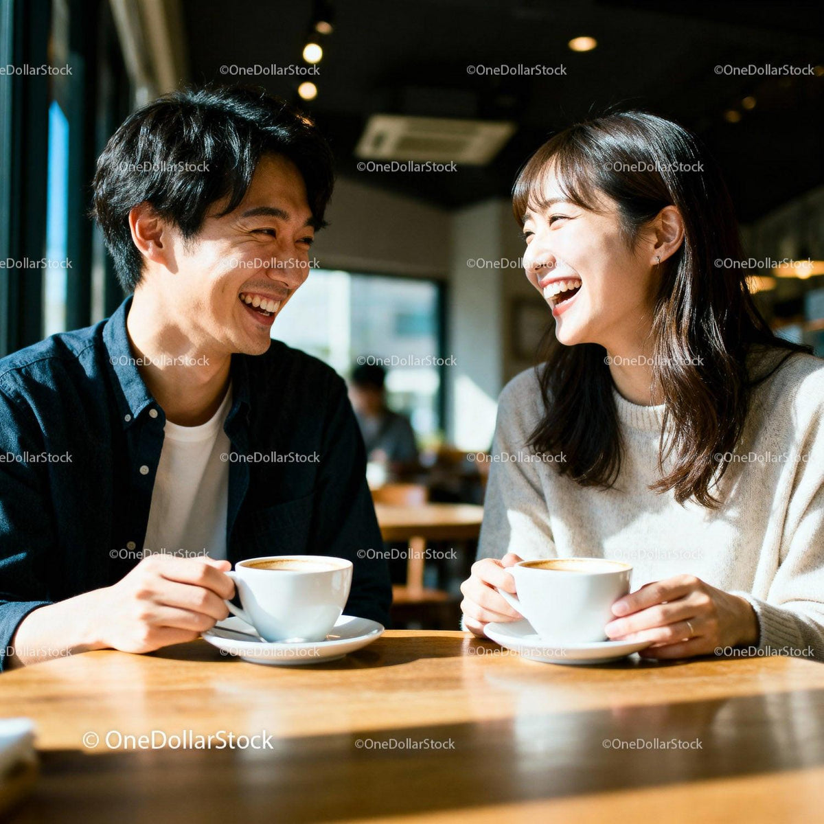 Happy couple enjoying coffee date in cozy cafe setting