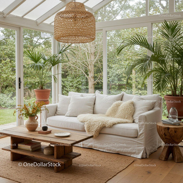 Cozy sunlit living room with natural decor and greenery