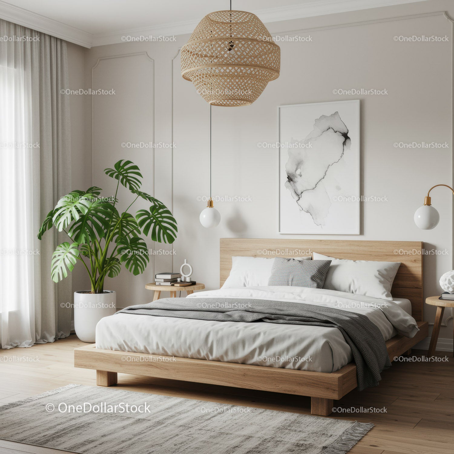 Nowoczesna sypialnia z drewnianą ramą łóżka i rośliną Monstera