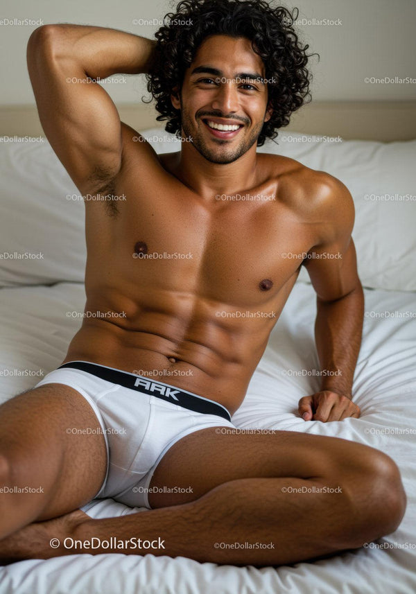 Smiling young man relaxing on bed in white underwear