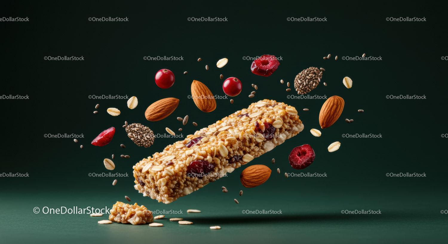 Nutty granola bar with floating oats and berries