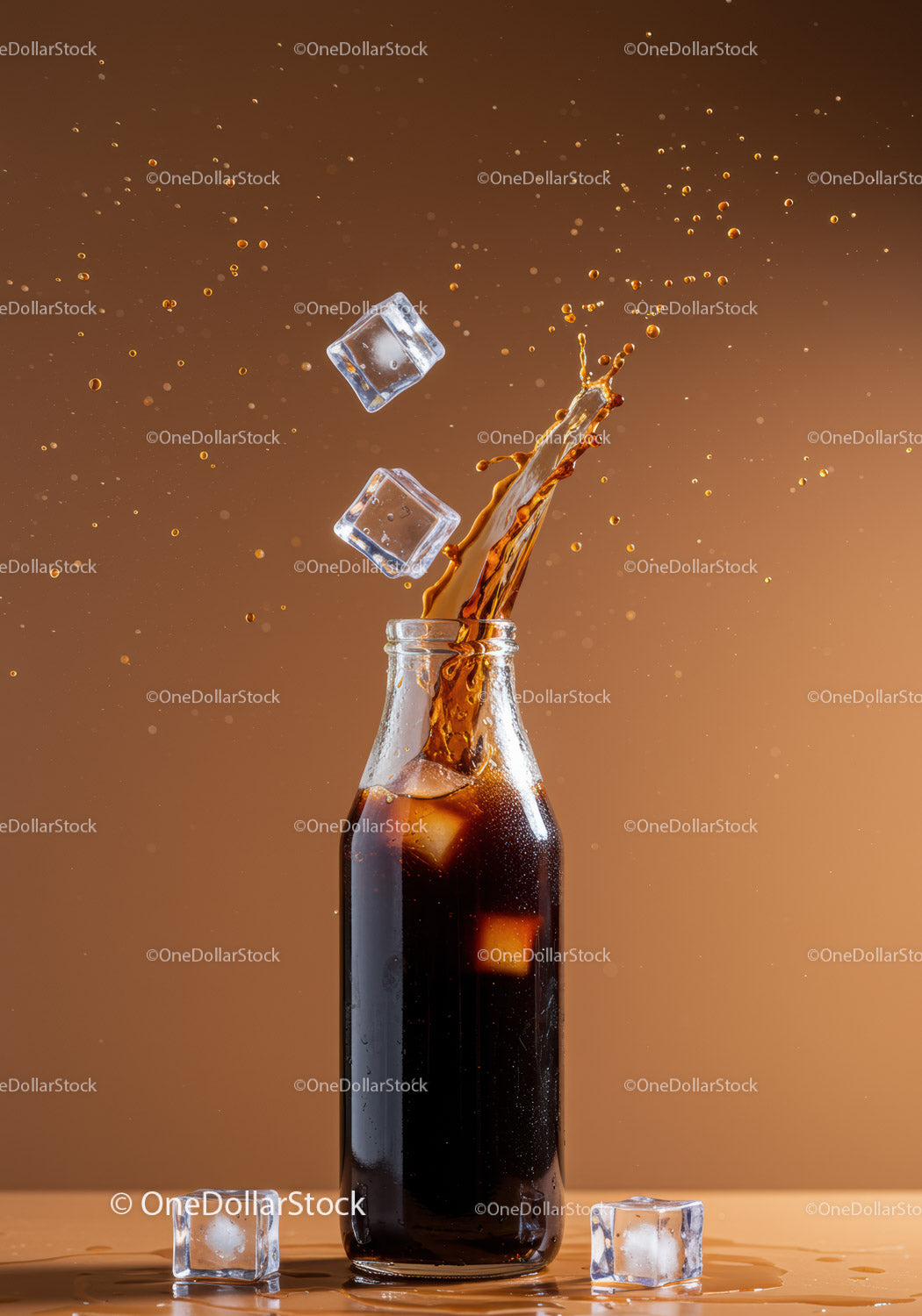 Refreshing Soda Splash with Ice Cubes in Glass Bottle