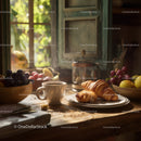 Cozy Morning Breakfast Scene with Croissants and Fresh Fruit