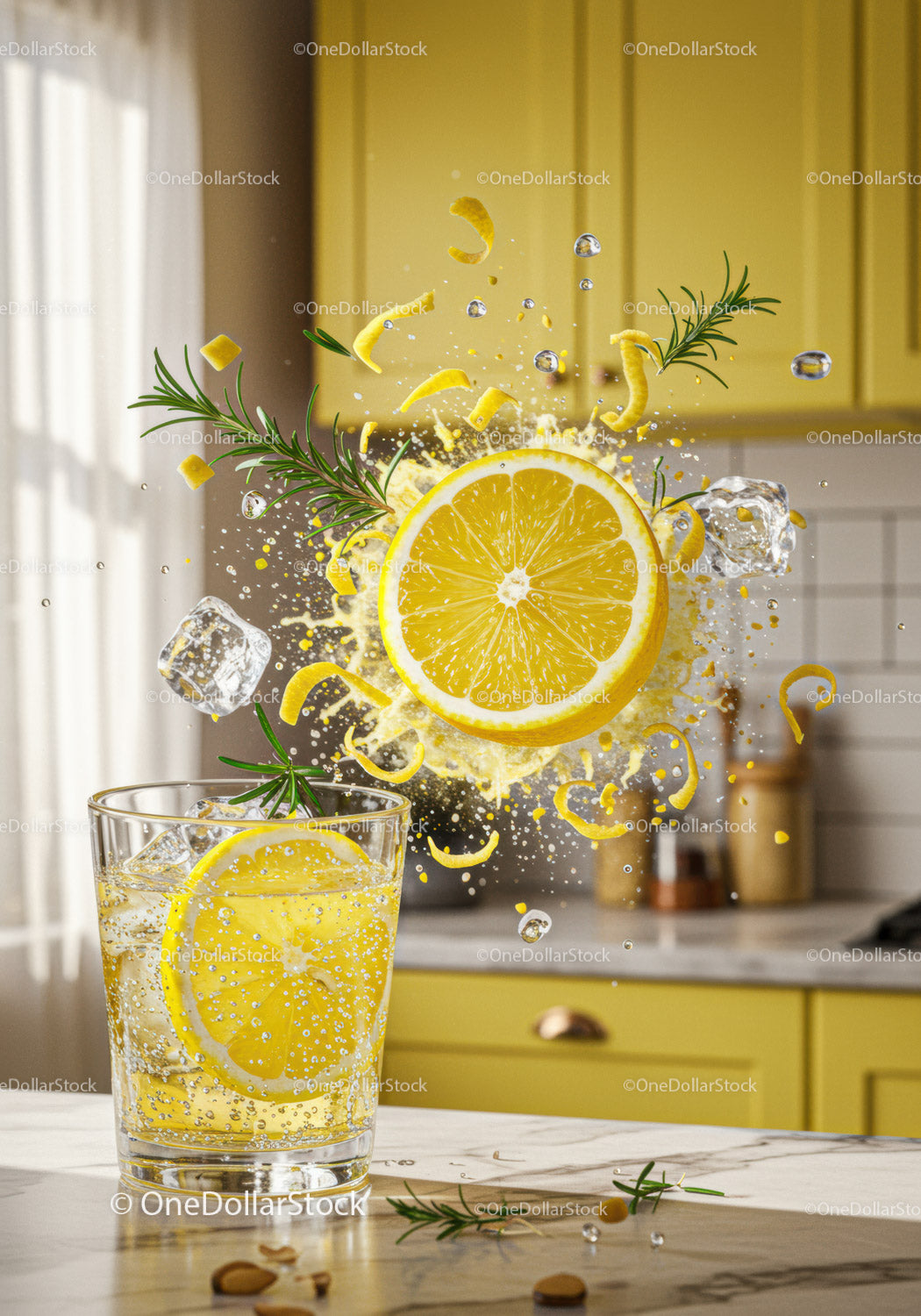 Refreshing lemon splash with ice and rosemary herb