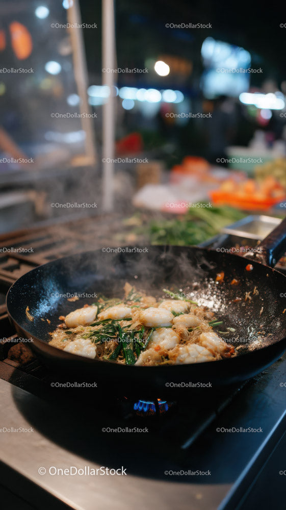 Seafood Stir-Fry in Wok Pan Cooking at Night Market