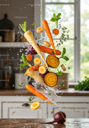 Fresh root vegetables splashing in modern kitchen light
