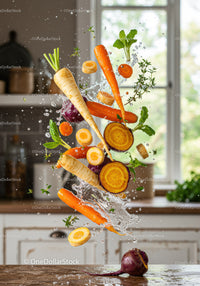 Fresh root vegetables splashing in modern kitchen light
