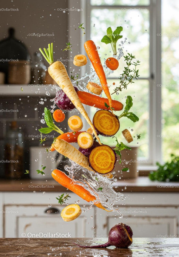 Fresh root vegetables splashing in modern kitchen light