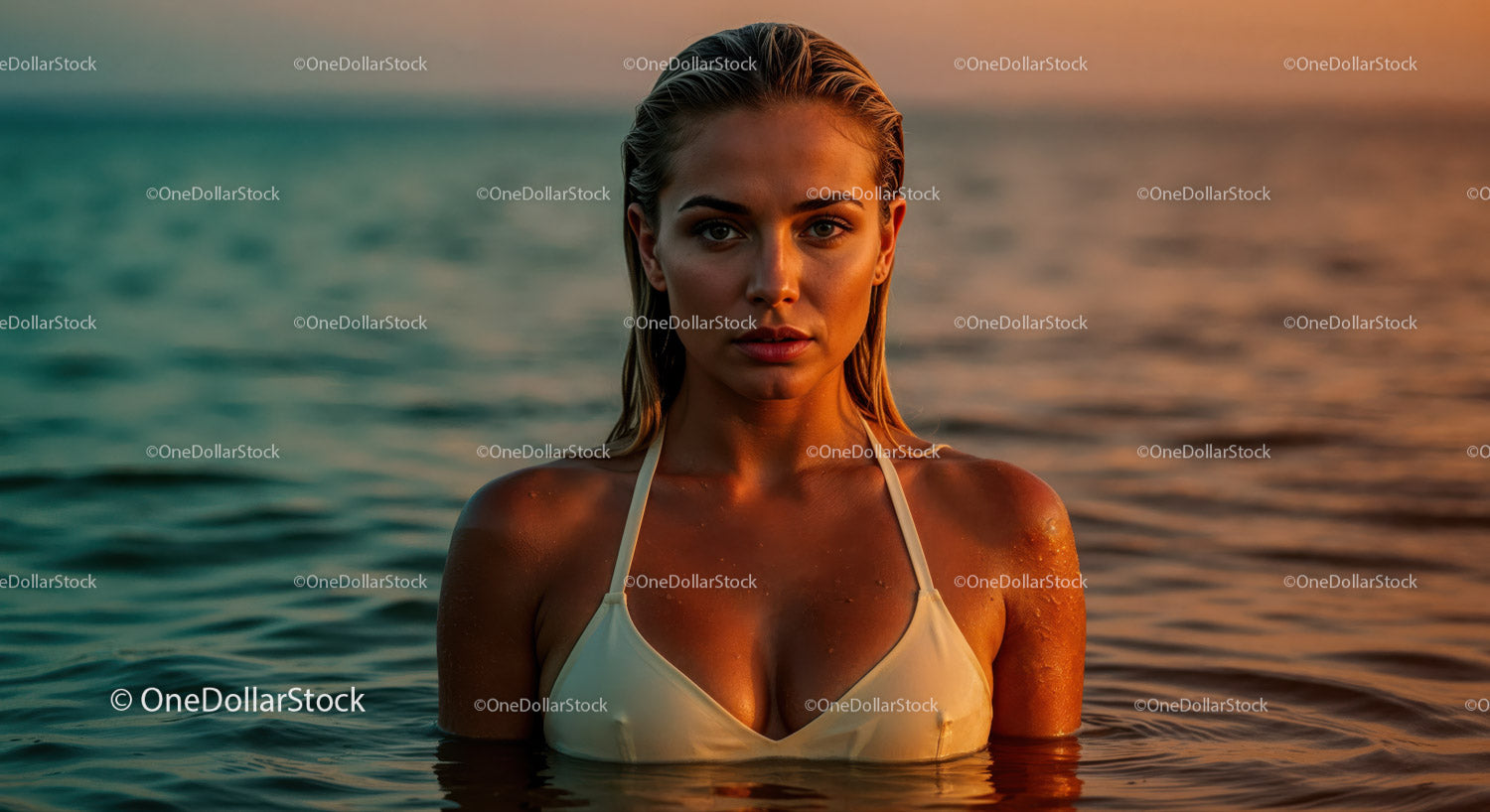 Close-Up of a Woman with Wet Hair and Water Droplets at Sunset