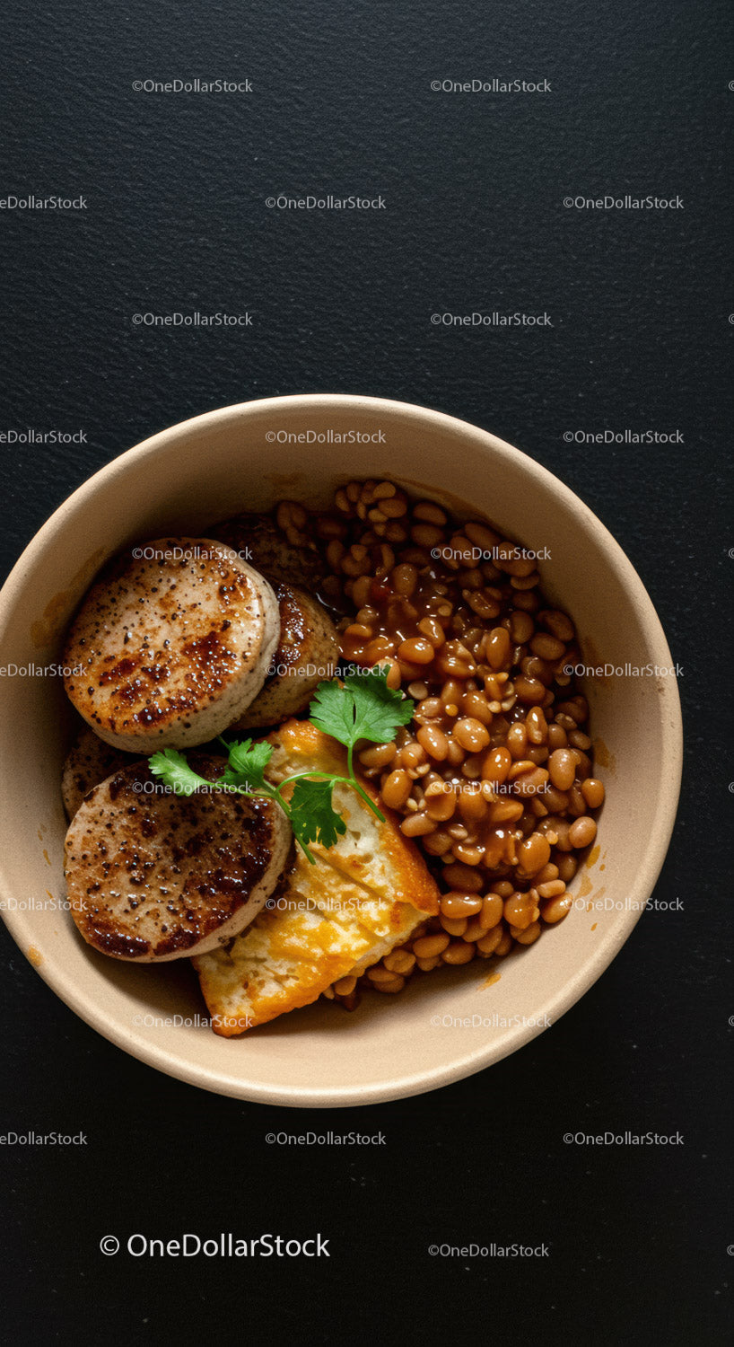 Grilled vegan patties with baked beans and tofu garnish