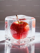 Fresh red apple frozen inside a clear ice cube