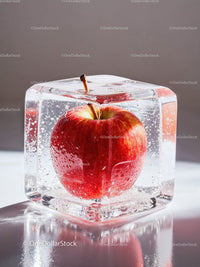 Fresh red apple frozen inside a clear ice cube