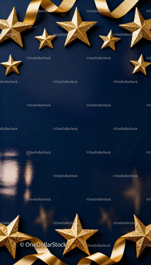 Golden Glitter Stars and Ribbon on Dark Blue Background