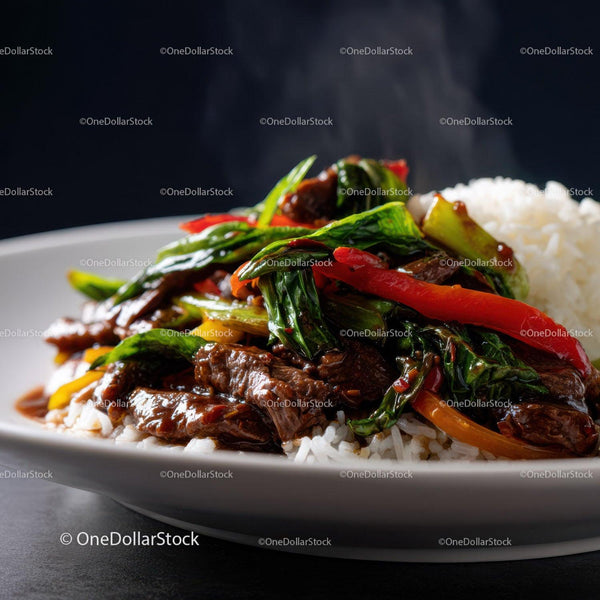 Colorful Beef and Vegetable Stir-Fry with Rice in Elegant White Plate