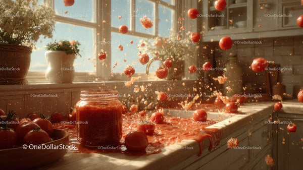 Dynamic Tomato Splash in Sunlit Kitchen Setting