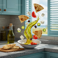 Mediterranean ingredients floating over white bowl in kitchen