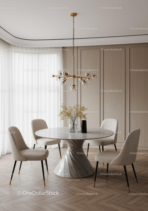 Modern Minimalist Dining Room with Elegant Marble Table and Chic Lighting