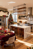 Modern kitchen with festive Christmas dining setup